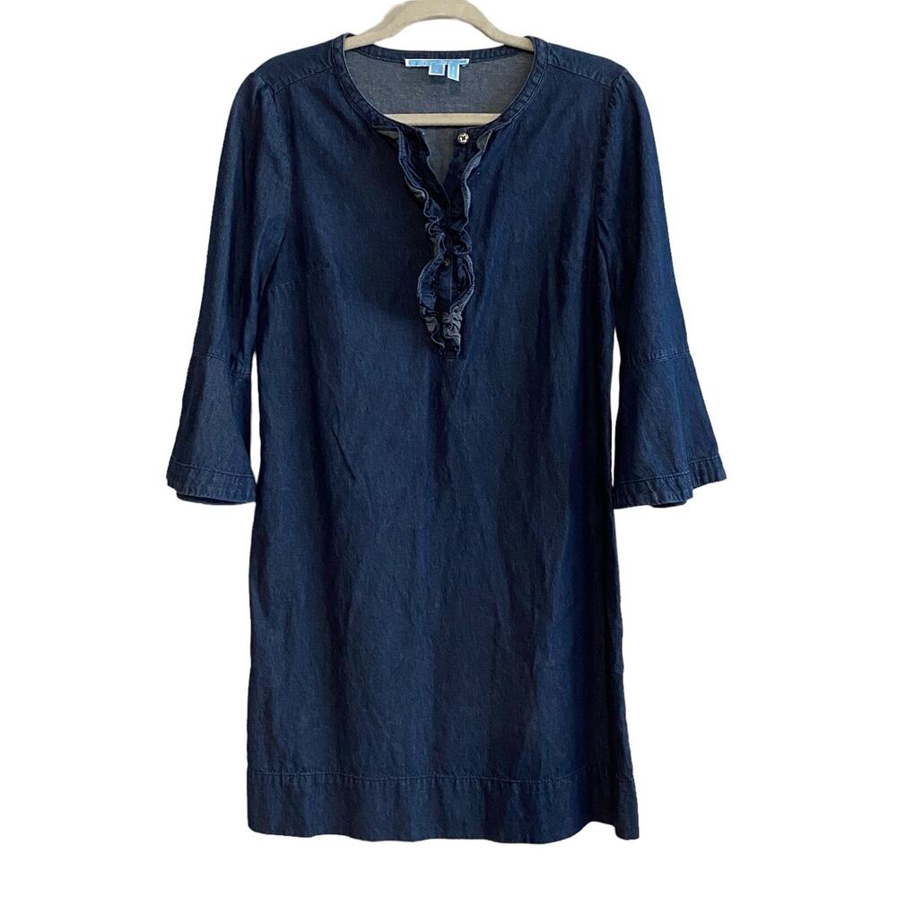 Draper James Denim Shift Dress Women’s Size 8 3/4 Flare Sleeve Ruffle Above Knee